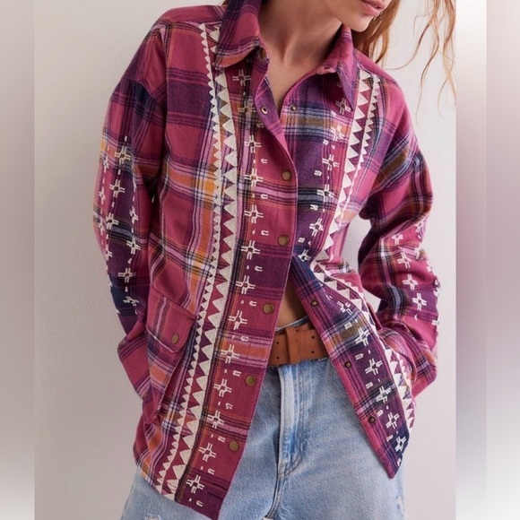 We The Free Tops - Free People Nordic Chill Plaid Flannel oversized Shirt Jacket size Small